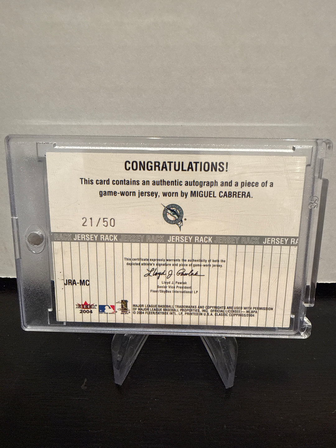 Miguel Cabrera 2004 Fleer Jersey Rack Auto, 21/50