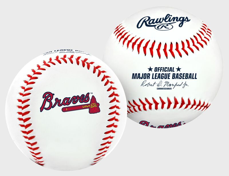 Two baseballs with Rawlings and Braves logos on a white background