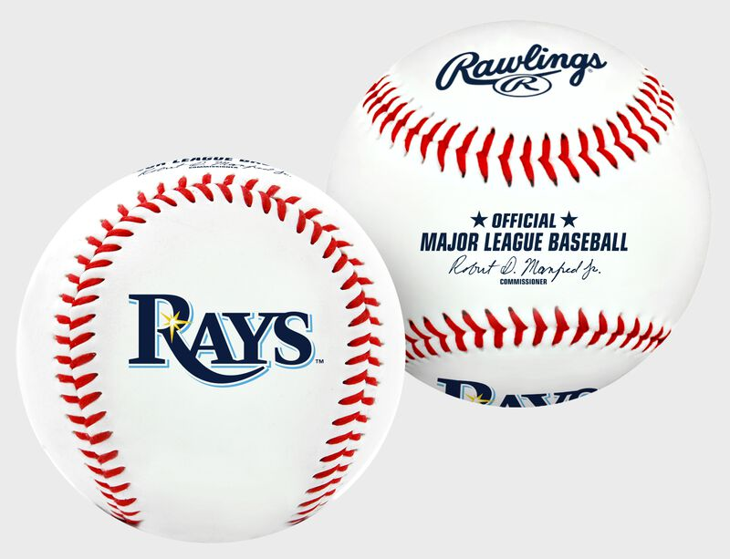 Two baseballs with Tampa Bay Rays and Rawlings branding on a white background