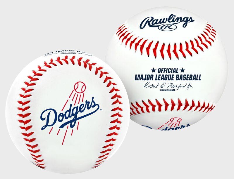 Two baseballs with Dodgers and Rawlings branding on a white background