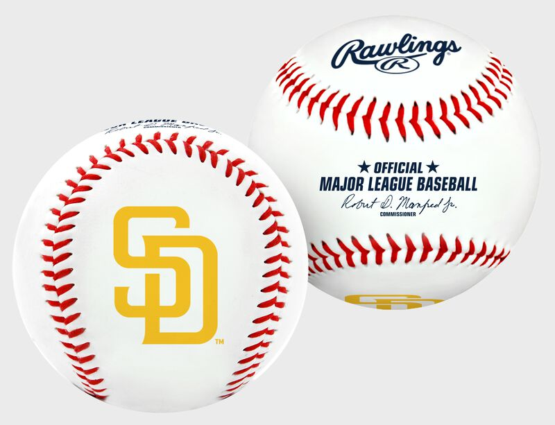 Two baseballs with Rawlings and San Diego Padres logos on a white background