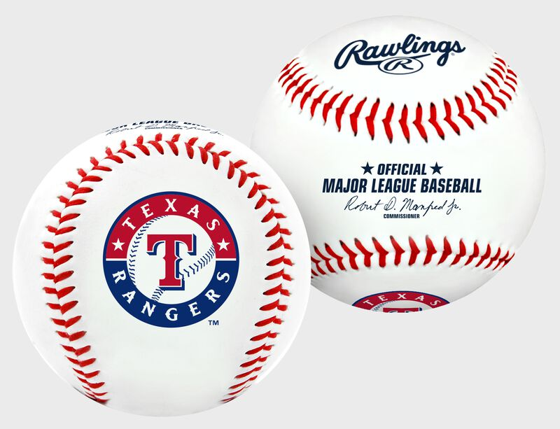 Two baseballs with Texas Rangers and Rawlings branding on a white background