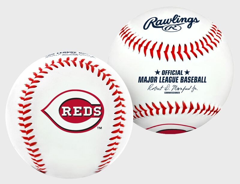 Two baseballs with Rawlings and Reds logos on a white background