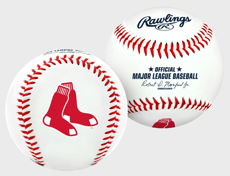 Two baseballs with red sox logo and Rawlings branding on a white background