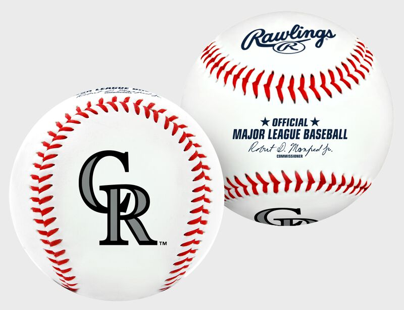 Two baseballs with Colorado Rockies and Rawlings branding on a white background