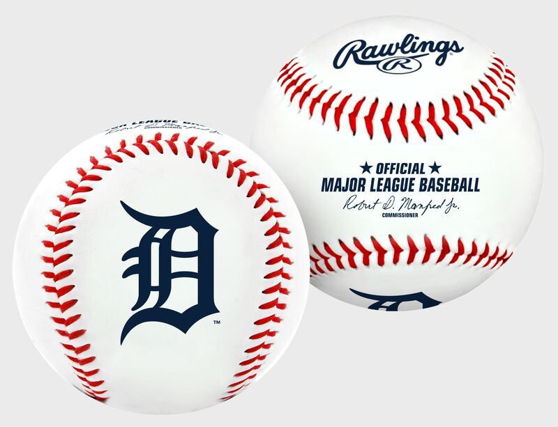 Two baseballs with Rawlings and Detroit Tigers logos on a white background