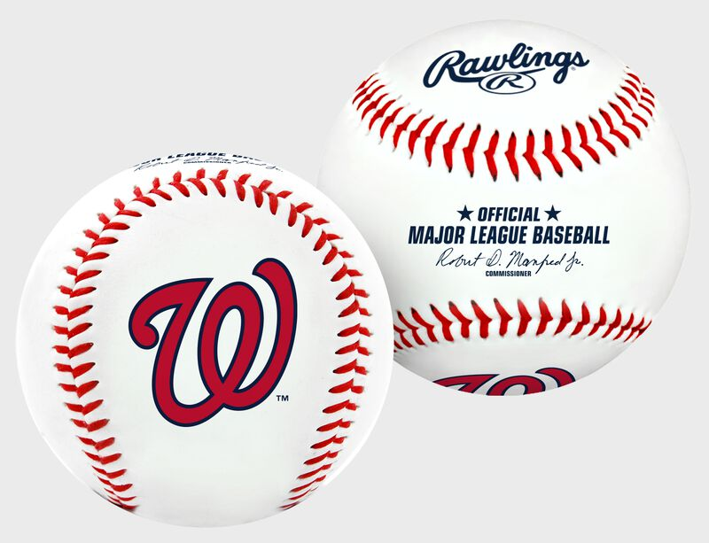 Two baseballs with Rawlings and Washington Nationals logos on a white background