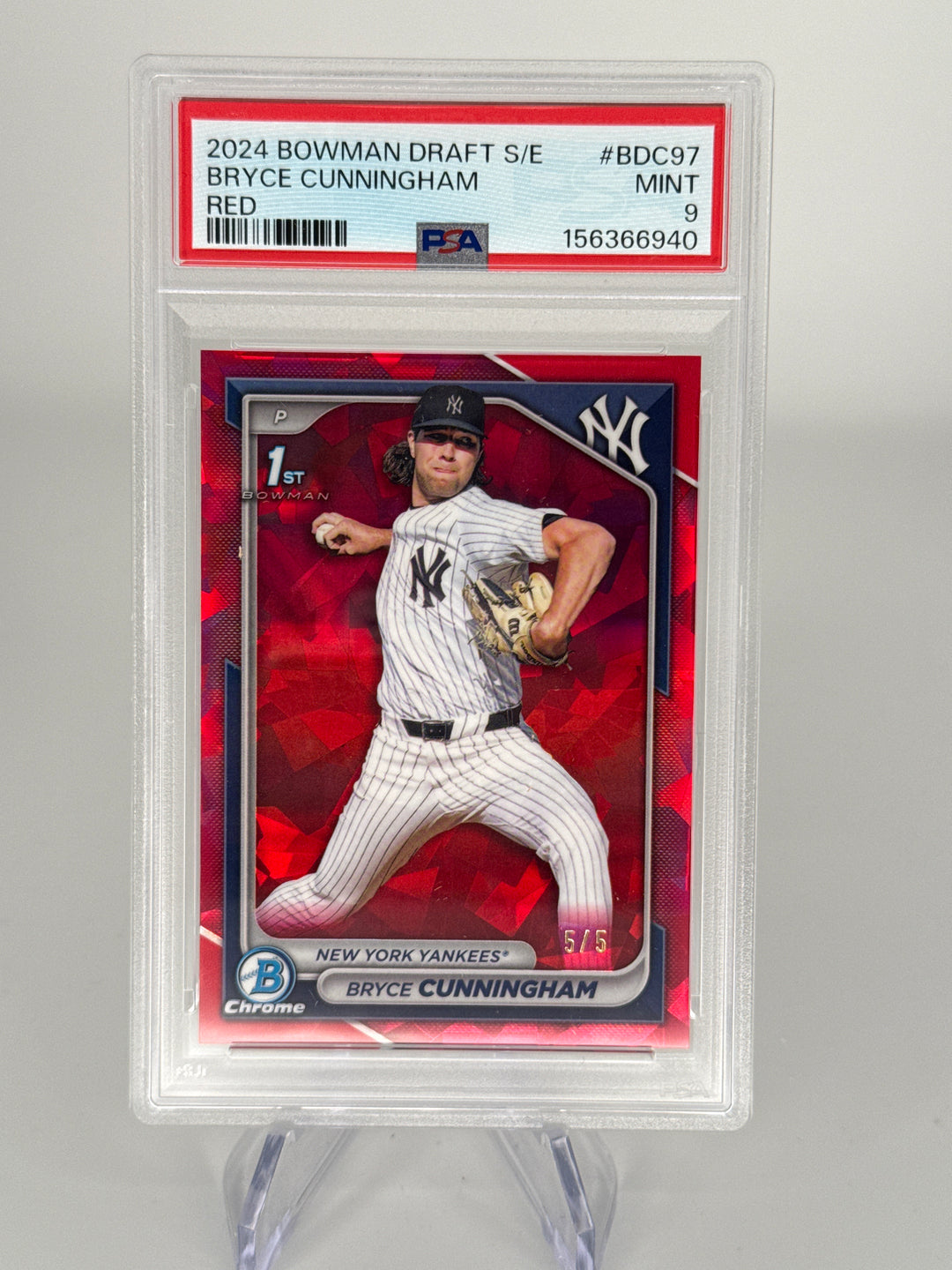 Bryce Cunningham 2024 Bowman Chrome Sapphire 1st Bowman Auto Red, 5/5, PSA 9 Mint