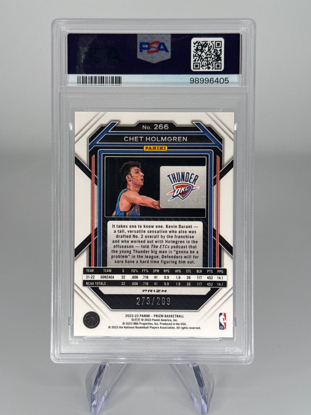 Chet Holmgren 2022 Panini Prizm Red Prizm Rookie, 273/299, PSA 9 Mint