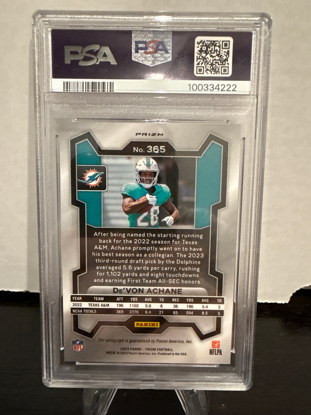 De'Von Achane 2023 Panini Prizm Purple Pulsar Rookie Auto, PSA 10 Gem Mint