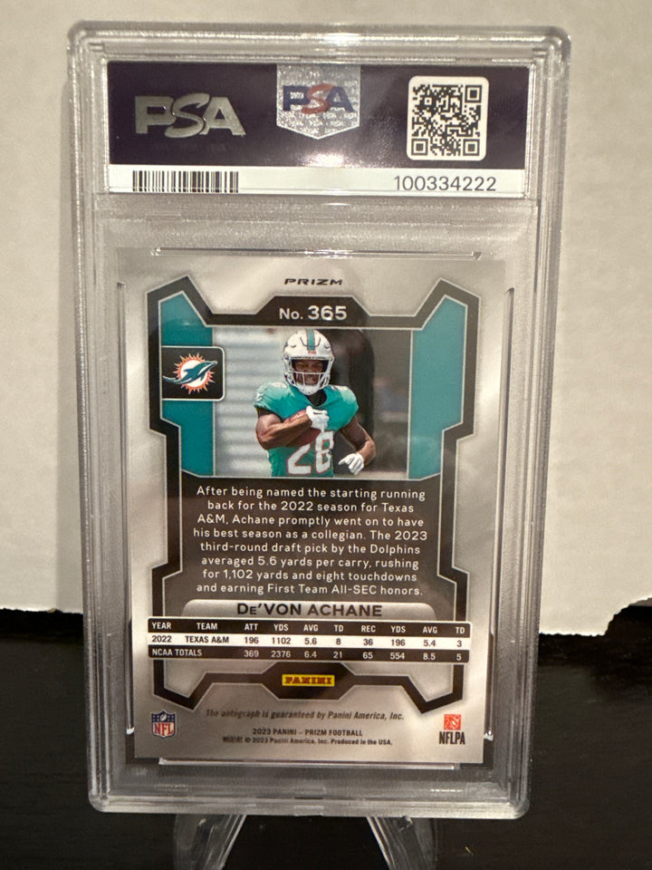 De'Von Achane 2023 Panini Prizm Purple Pulsar Rookie Auto, PSA 10 Gem Mint