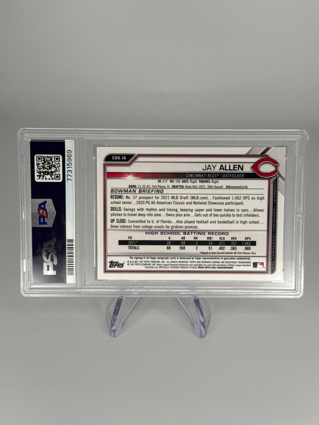 Jay Allen 2021 Bowman Chrome 1st Black Refractor Auto, 04/75, PSA 10 Gem Mint