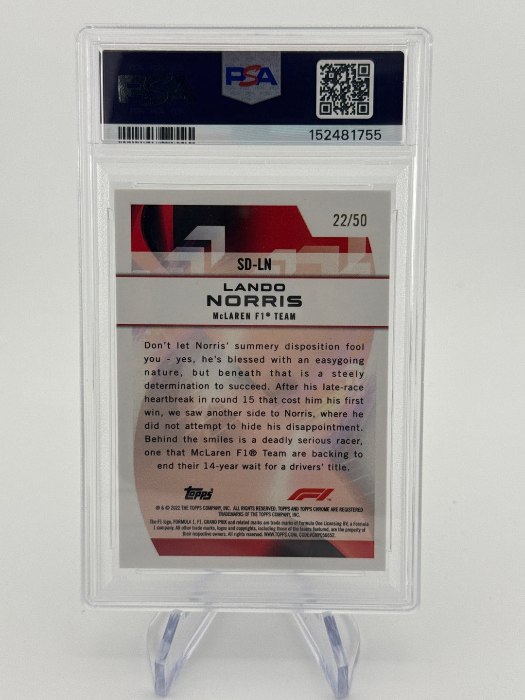 Lando Norris 2022 Topps Chrome Speed Demons Gold Wave Refractor, 22/50, PSA 9 Mint