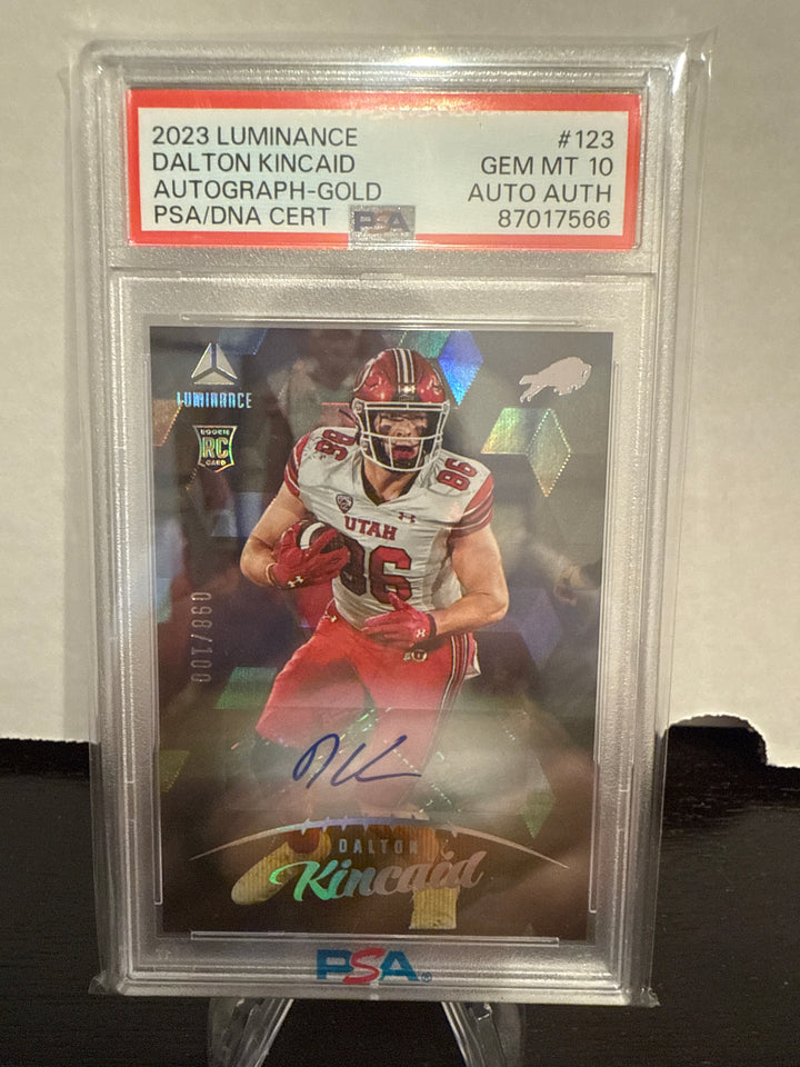 Dalton Kincaid 2023 Panini Luminance Rookie Auto Gold, 098/100, PSA 10 Gem Mint