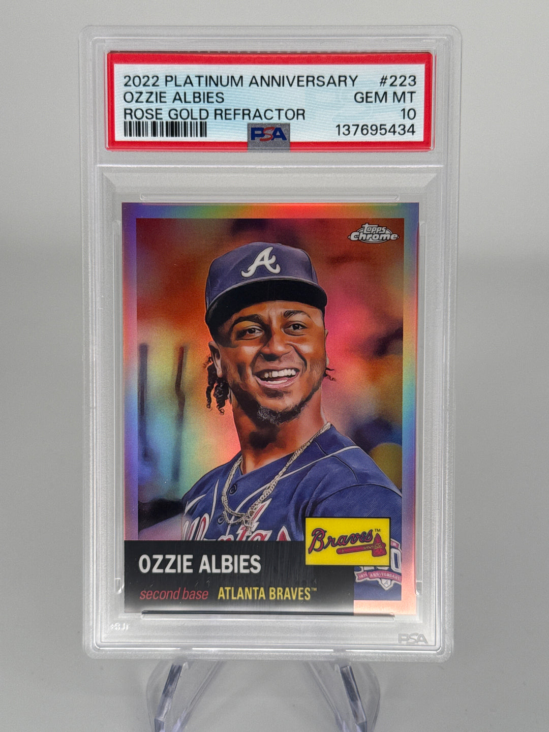 Ozzie Albies 2022 Topps Chrome Platinum Anniversary Rose Gold Refractor, 70/75, PSA 10 Gem Mint
