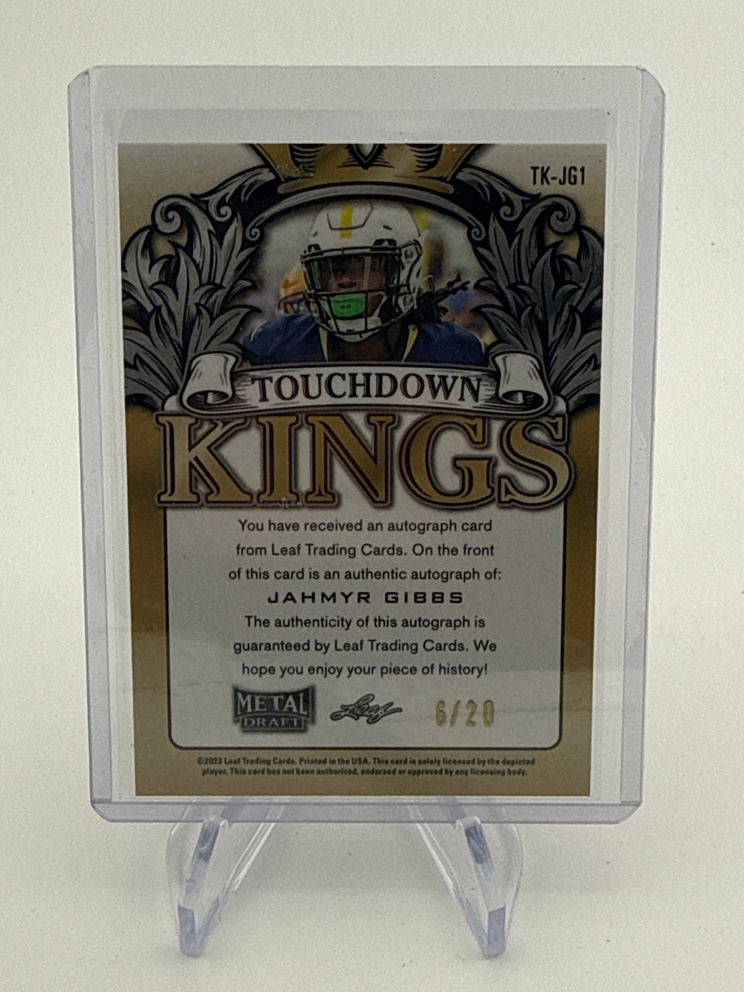 Jahmyr Gibbs 2022 Leaf Metal Draft Touchdown Kings Pink Rookie Auto, 6/20