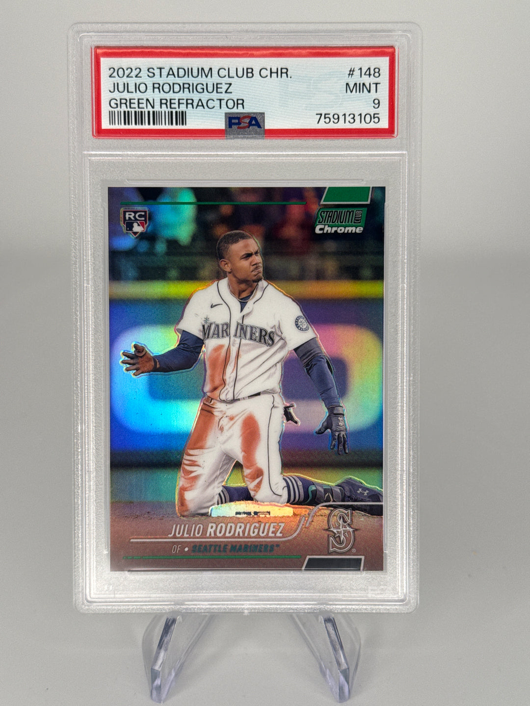 Julio Rodriguez 2022 Topps Stadium Club Green Refractor Rookie, 73/99, PSA 9 Mint