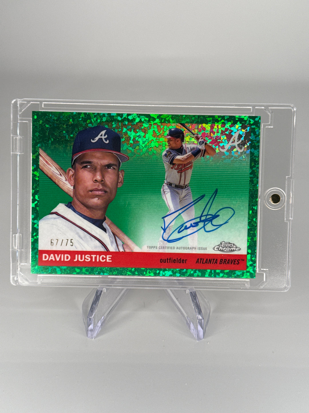 David Justice 2025 Topps Chrome Platinum Green Mini Diamond Refractor Auto, 67/75