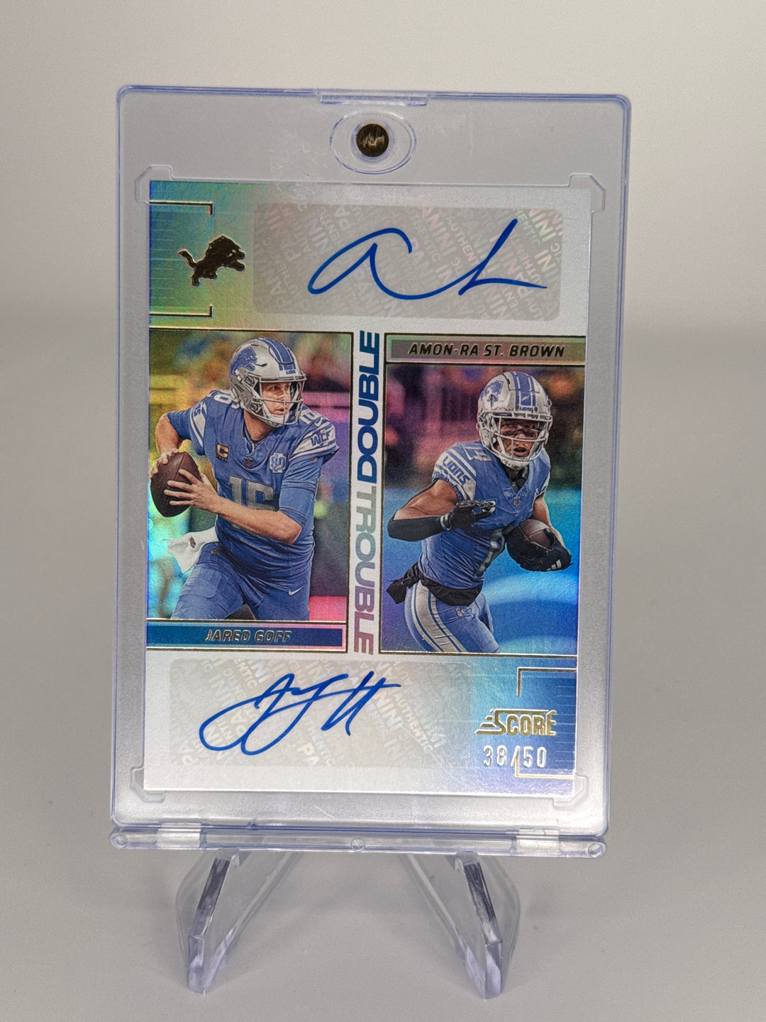 Jared Goff/Amon-Ra St. Brown 2024 Panini Score Double Trouble Dual Auto, 38/50
