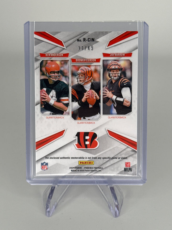 Ken Anderson/Boomer Esiason/Joe Burrow 2024 Panini Phoenix Regeneration Triple Relic Blue, 31/49