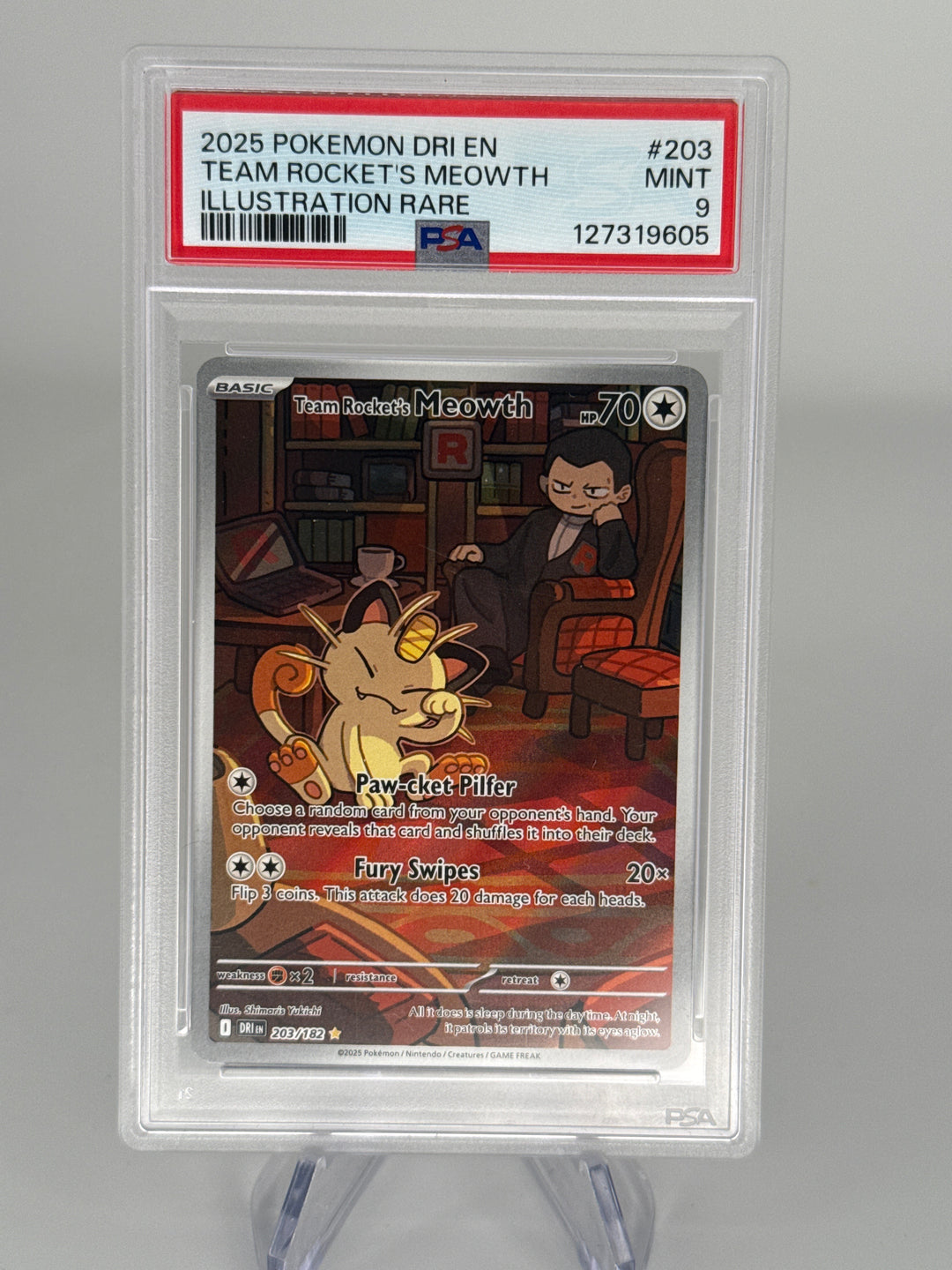 Pokemon TCG 2025 Team Rocket's Meowth Destined Rivals Full Art Illustration Rare, 203/182, PSA 9 Mint