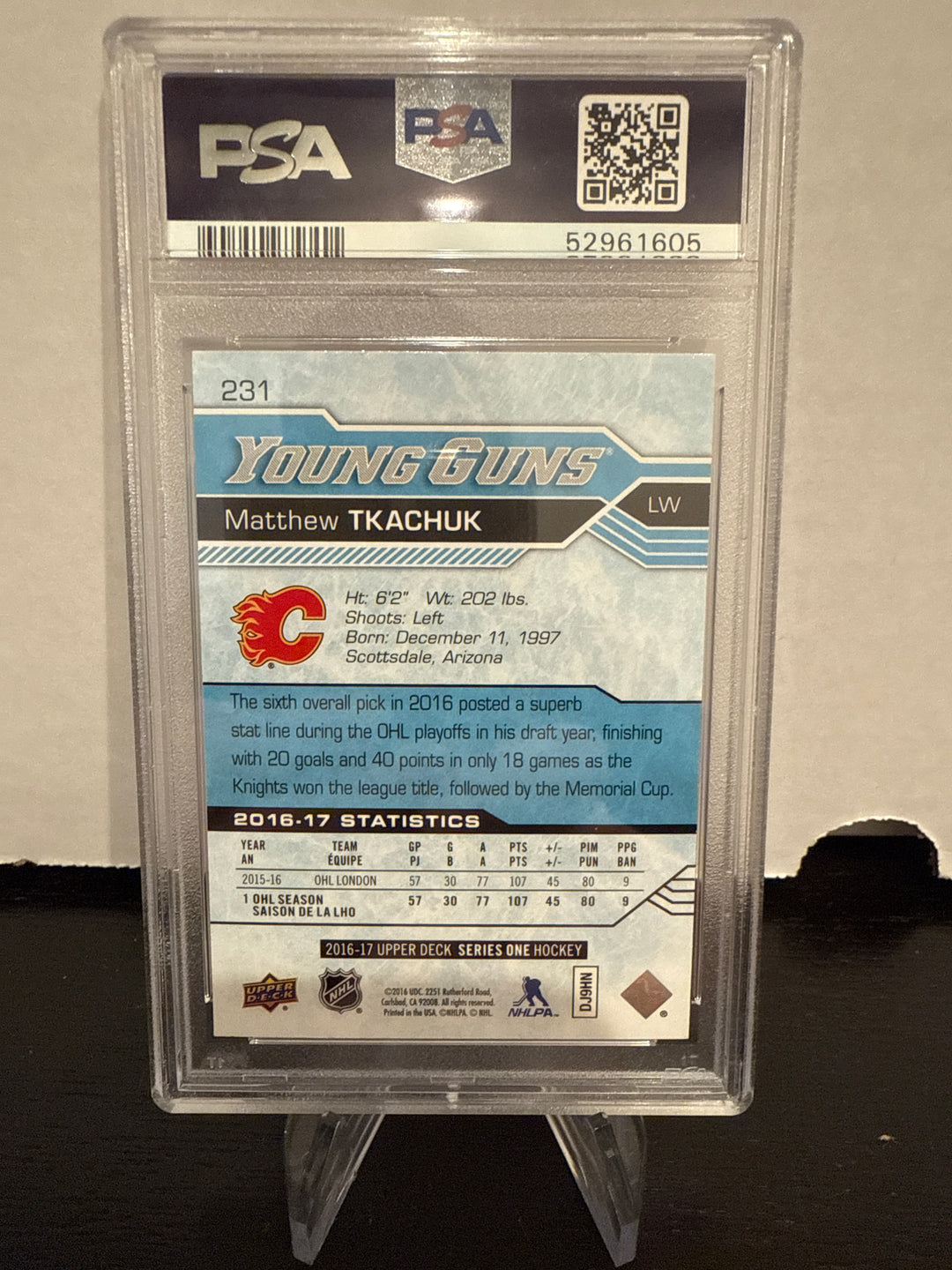 Matthew Tkachuk 2016 Upper Deck Young Guns Rookie, PSA 10 Gem Mint