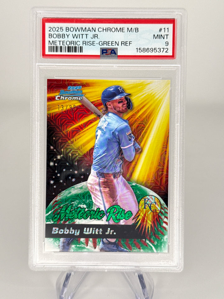 Bobby Witt 2025 Bowman Chrome Meteoric Rise Green Refractor, 13/99, PSA 9 Mint