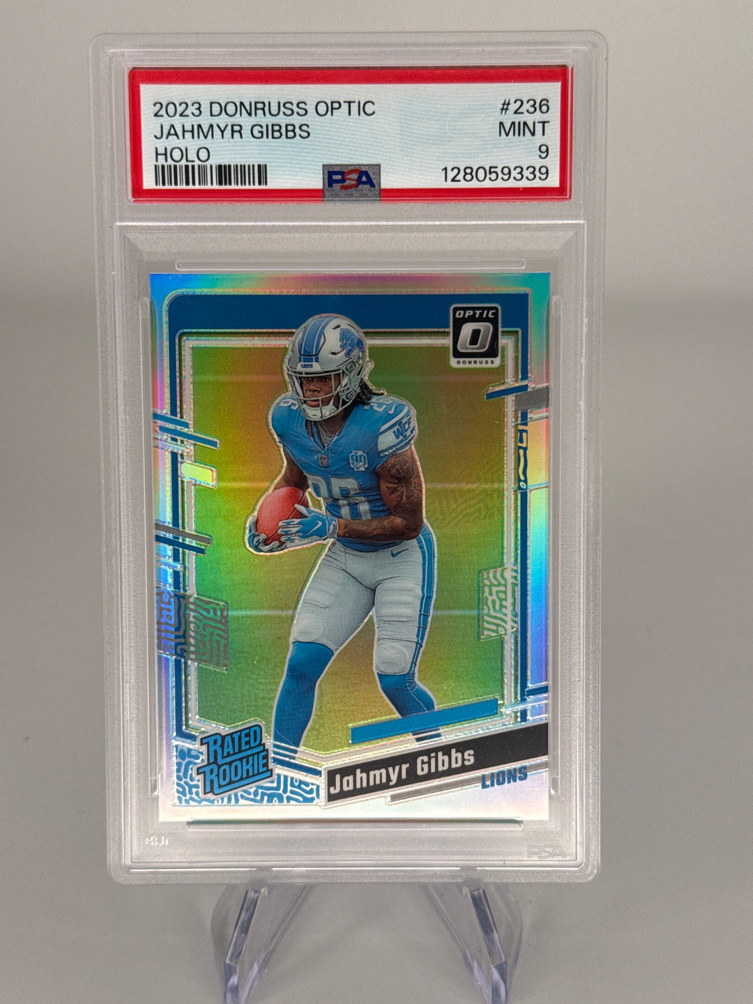 Jahmyr Gibbs 2023 Panini Donruss Optic Holo Rookie, PSA 9 Mint