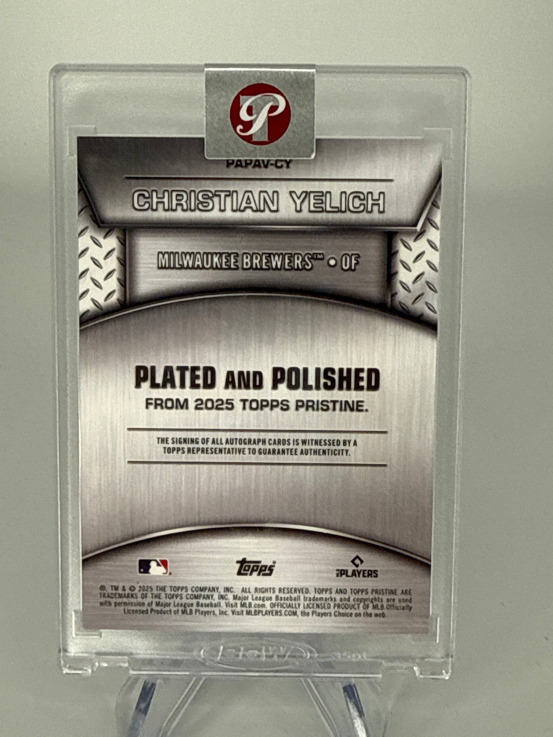 Christian Yelich 2025 Topps Pristine Plated & Polished Blue Auto, 38/75