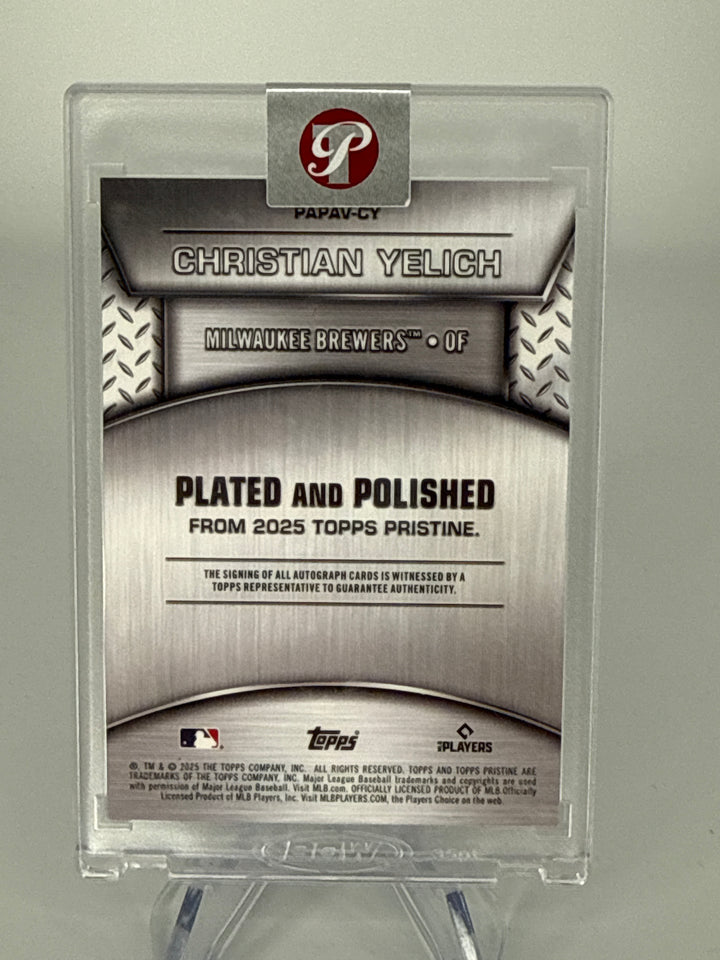 Christian Yelich 2025 Topps Pristine Plated & Polished Blue Auto, 38/75
