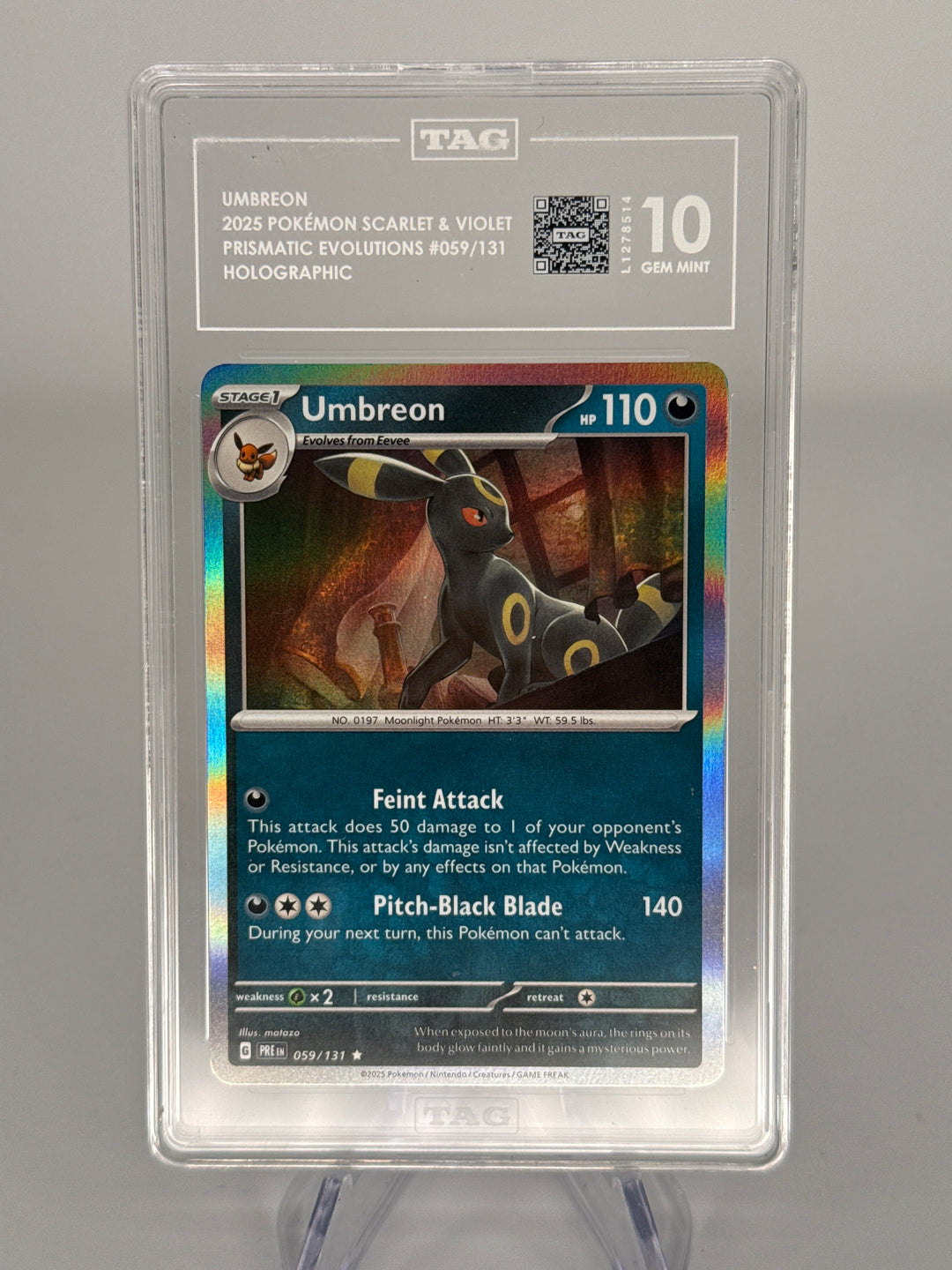Pokemon TCG 2025 Umbreon Prismatic Evolutions Holo, 059/131, TAG 10 Gem Mint