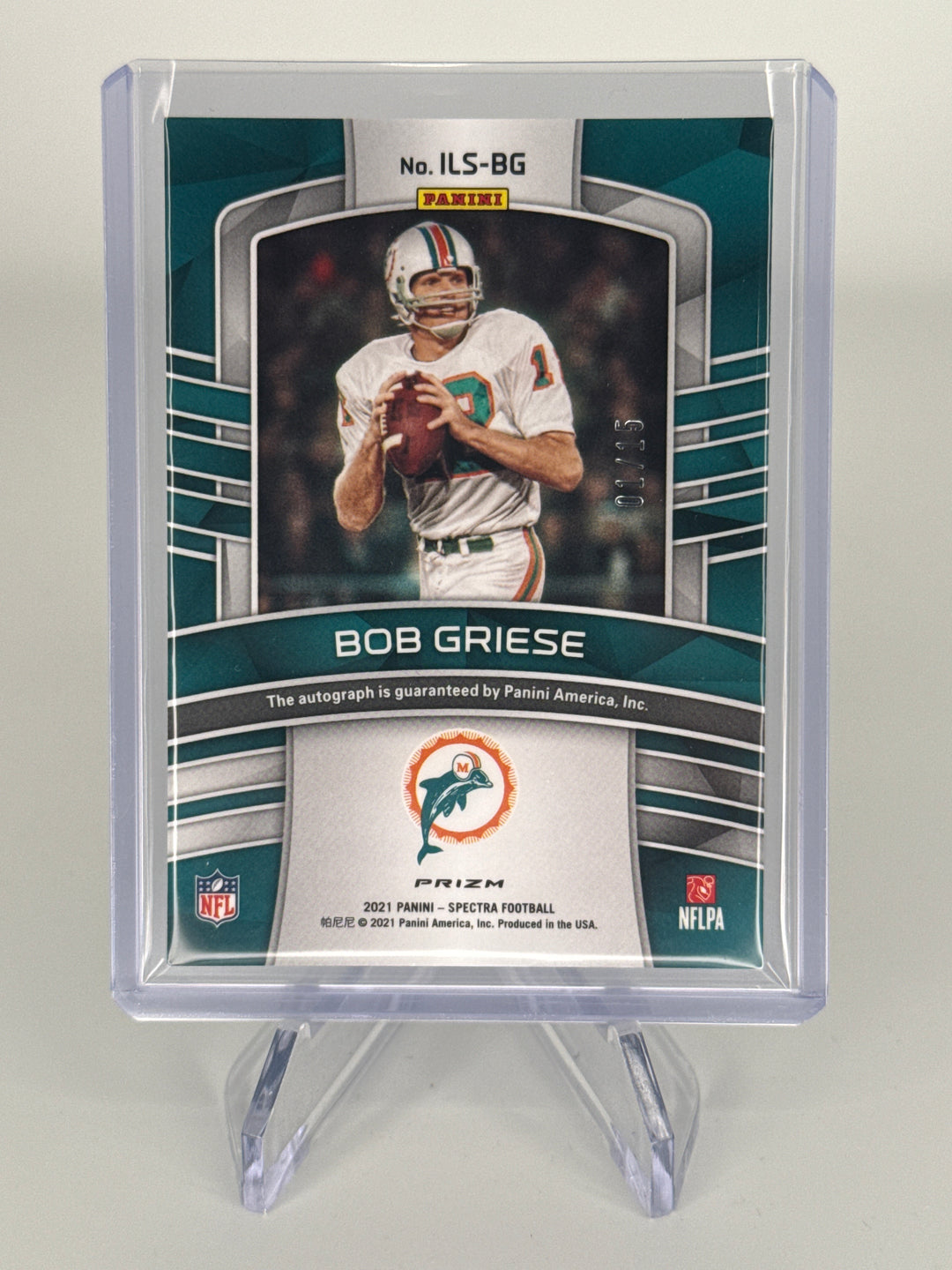 Bob Griese 2021 Panini Spectra Illustrious Legends Neon Blue Auto, 01/15