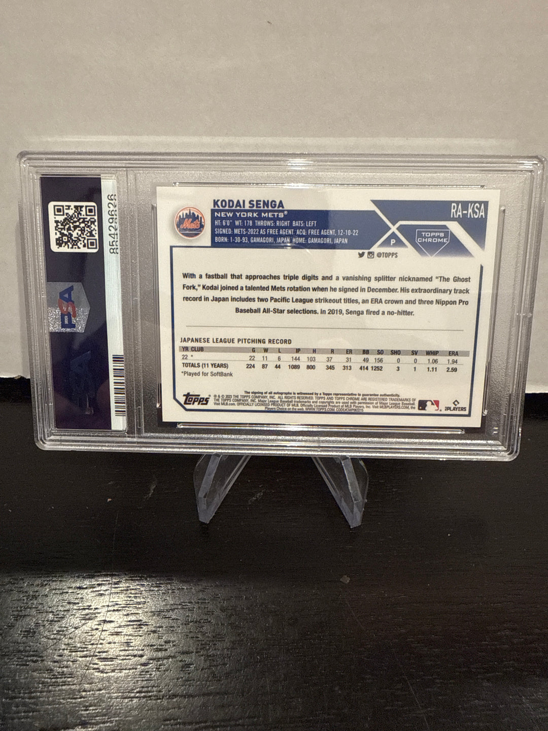 Kodai Senga 2023 Topps Chrome Rookie Autograph Purple, 155/250, PSA 10 Gem Mint