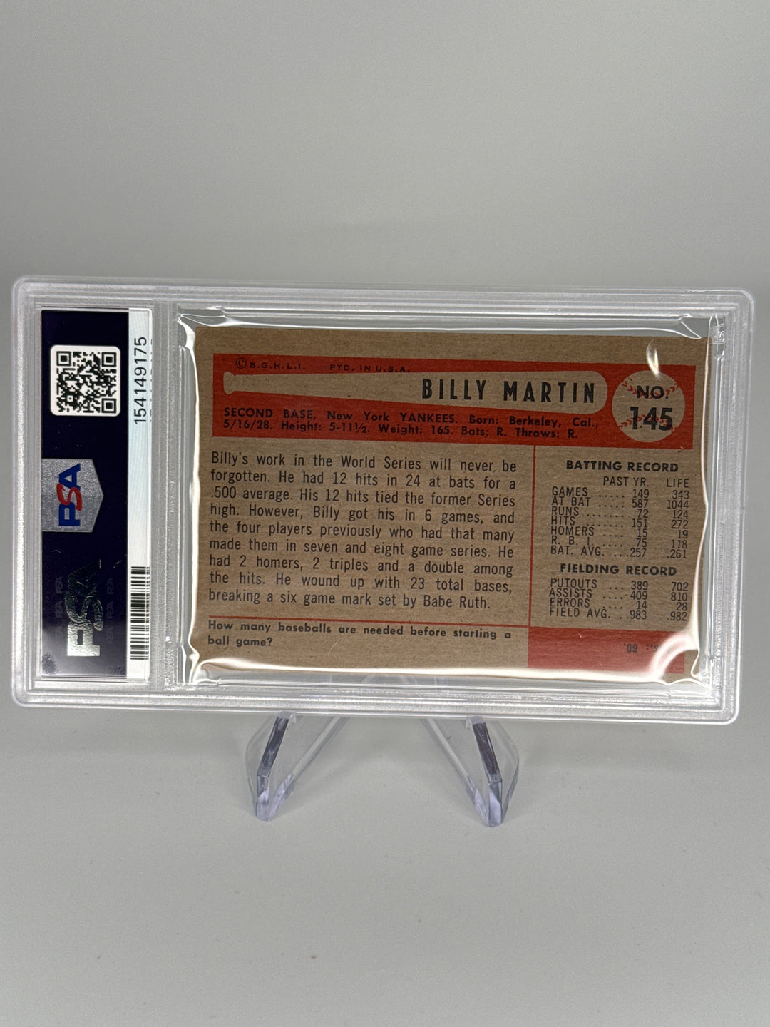 Billy Martin 1954 Bowman, PSA 3