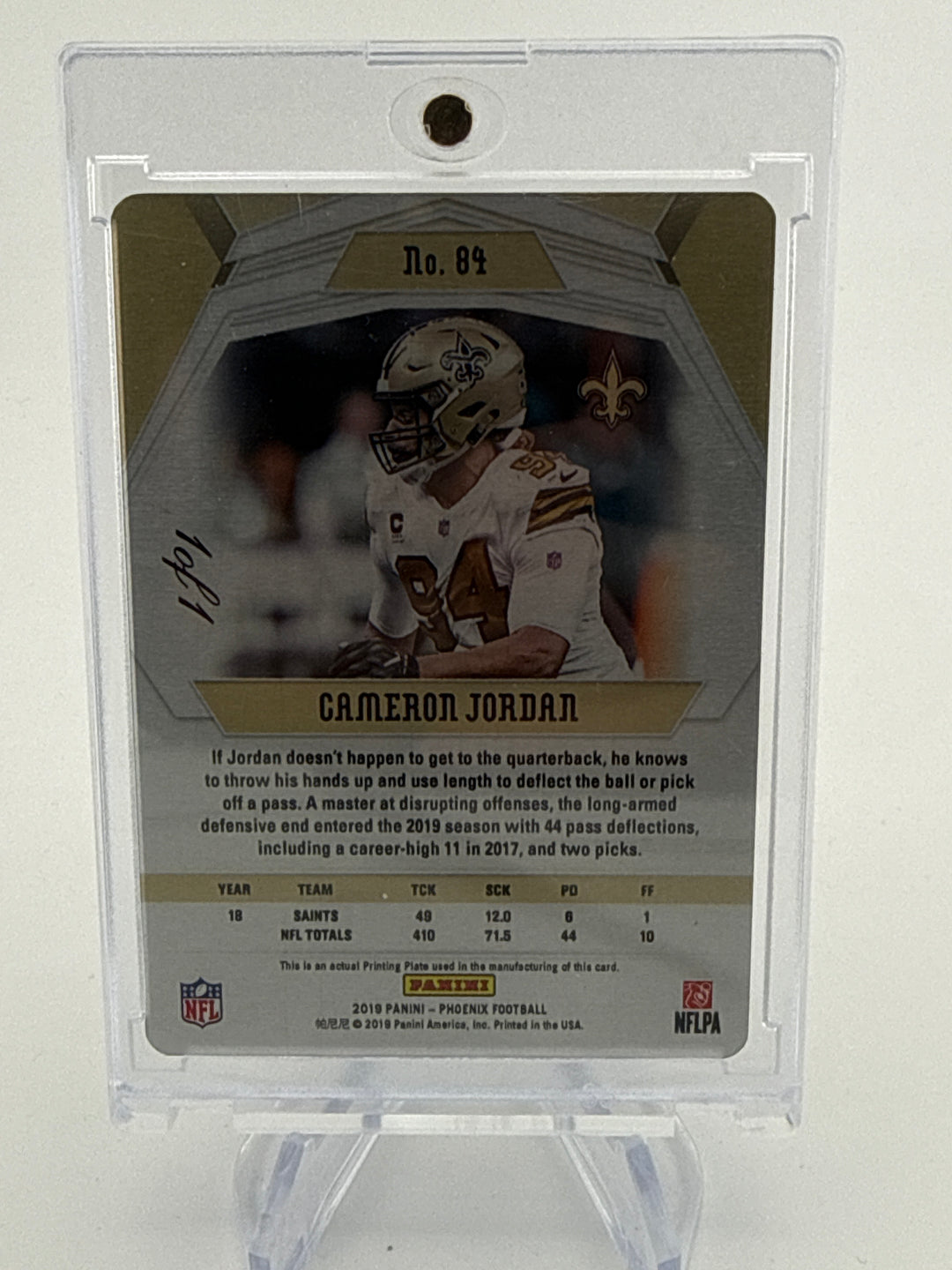 Cameron Jordan 2019 Panini Phoenix 1 of 1 Printing Plate