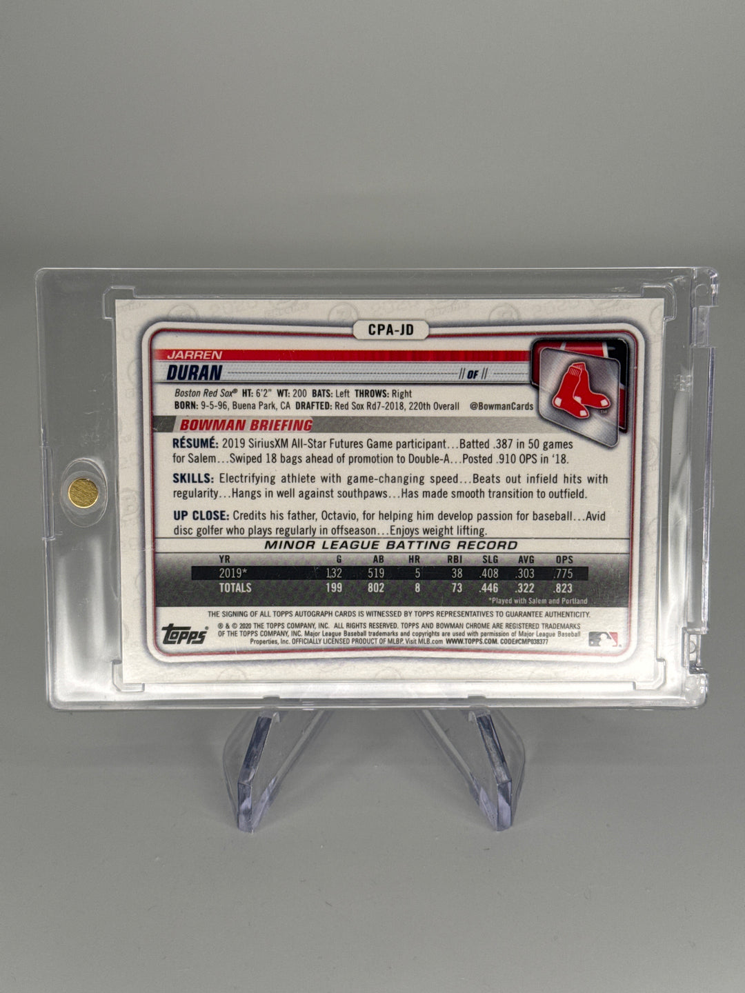 Jarren Duran 2020 Bowman Chrome Blue Refractor 1st Auto, 120/150