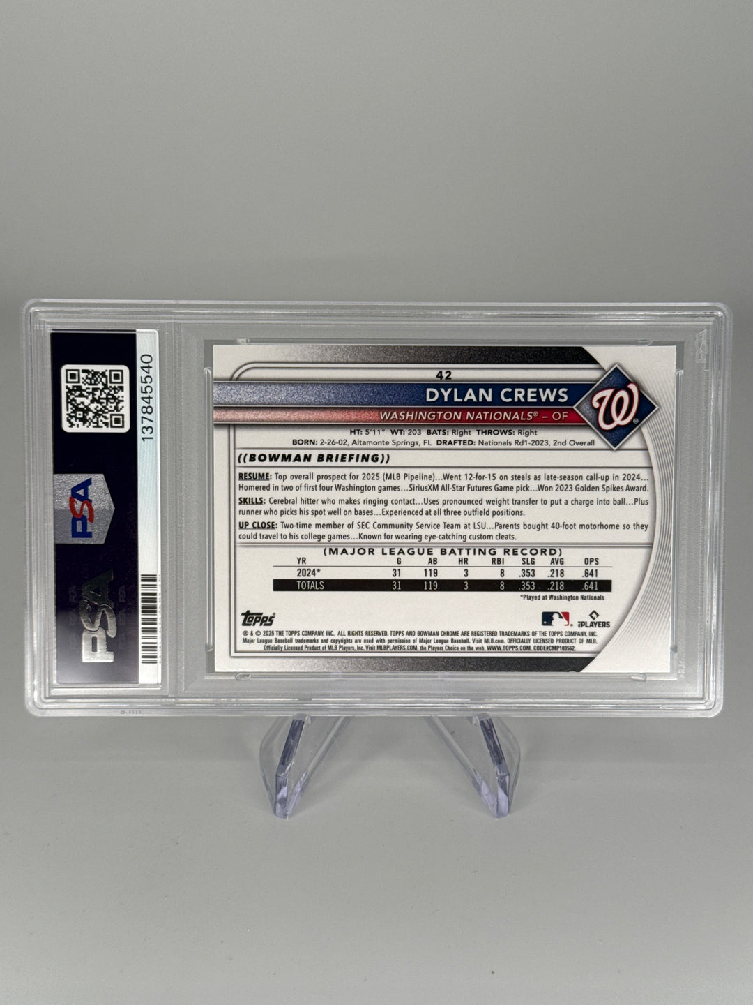 Dylan Crews 2025 Bowman Chrome Mega Box Navy Refractor Rookie, 004/175, PSA 10 Gem Mint