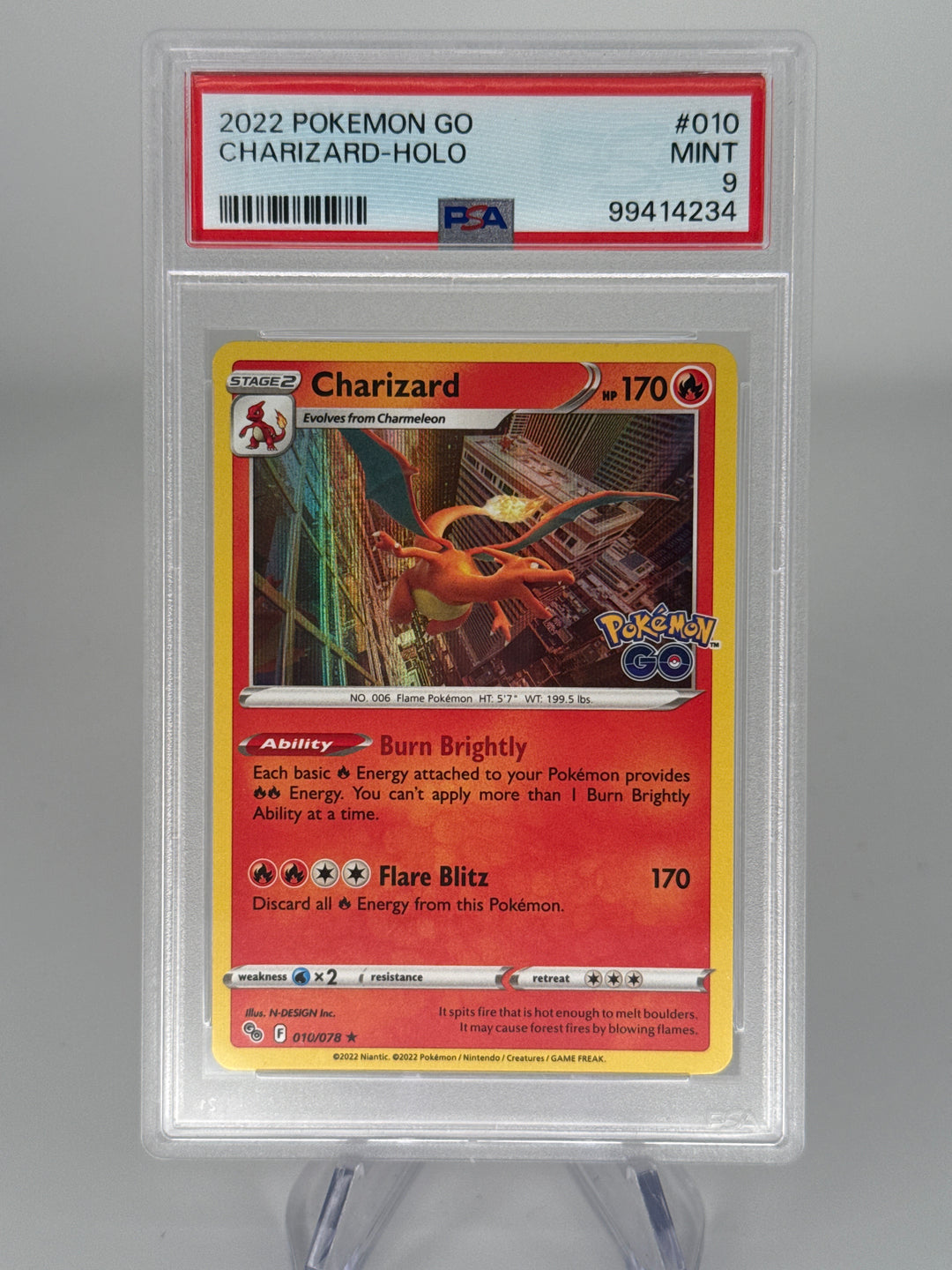 Pokemon TCG 2022 Charizard Pokemon Go Holo, 010/078, PSA 9 Mint