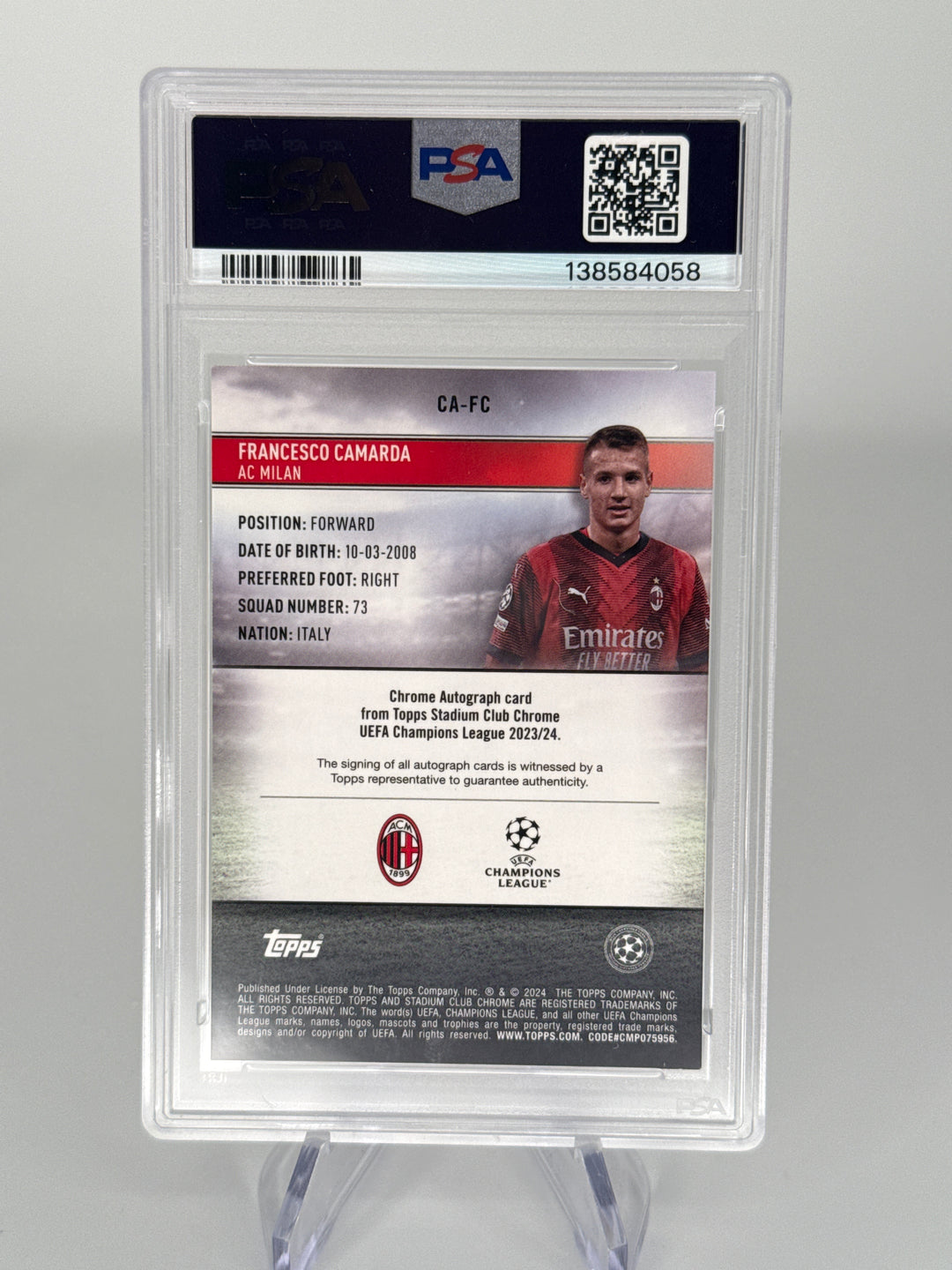 Francesco Camarda 2023-2024 Topps Stadium Club Chrome Champions League Rookie Auto, PSA 9 Mint