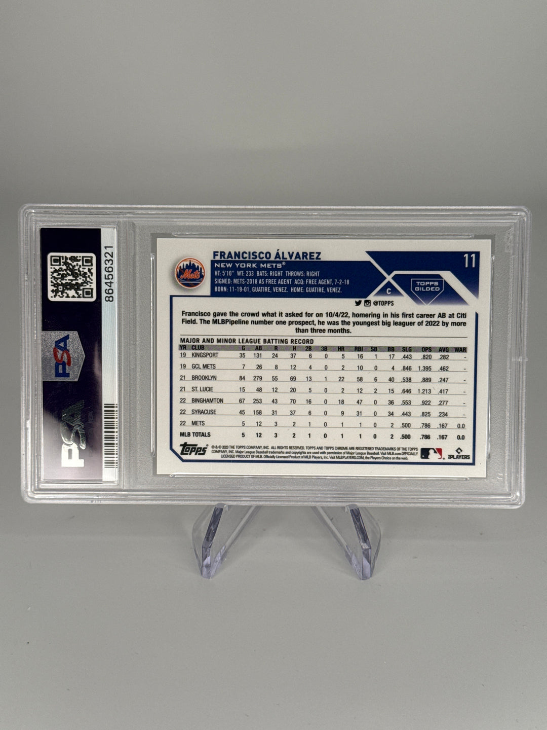 Francisco Alvarez 2023 Topps Gilded Collection Rookie, 77/99, PSA 9 Mint