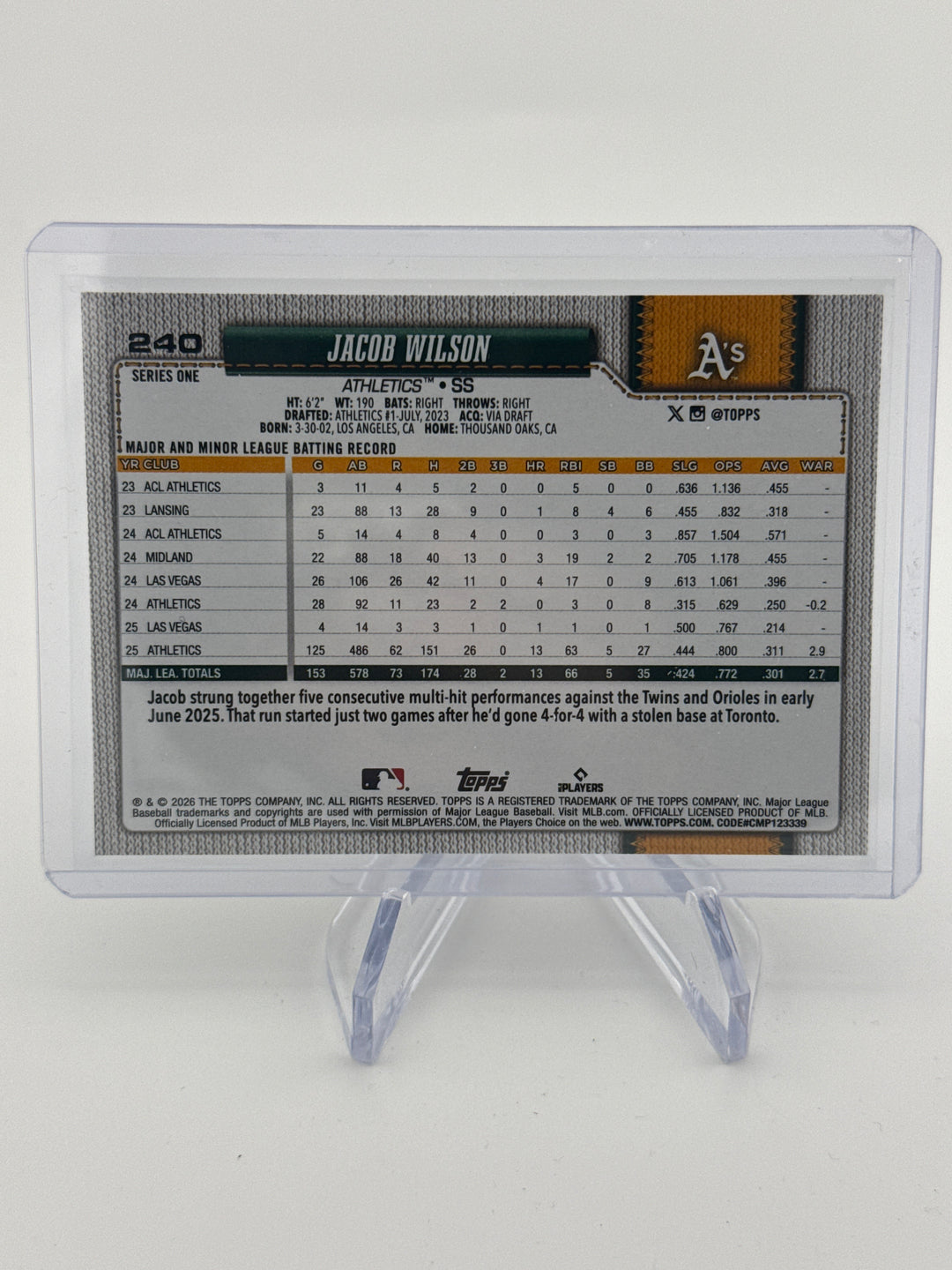 Jacob Wilson 2026 Topps Series One True Photo Rookie Cup SSP Variation