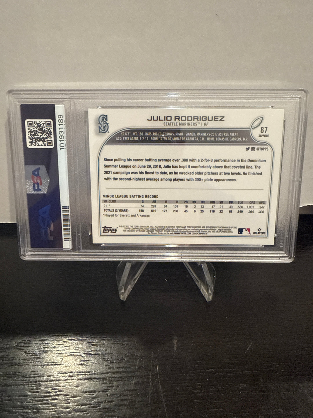 Julio Rodriguez 2022 Topps Chrome Sapphire Rookie, PSA 9 Mint