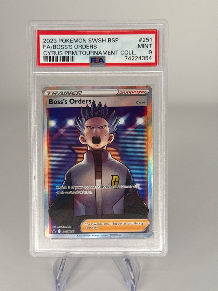 Pokemon TCG 2023 Boss's Orders Cyrus Full Art Black Star Promo, SWSH251, PSA 9 Mint