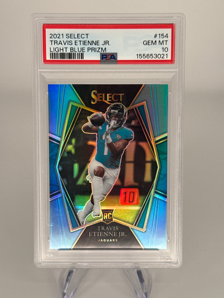 Travis Etienne Jr 2021 Panini Select Light Blue Prizm Rookie, 29/99, PSA 10 Gem Mint