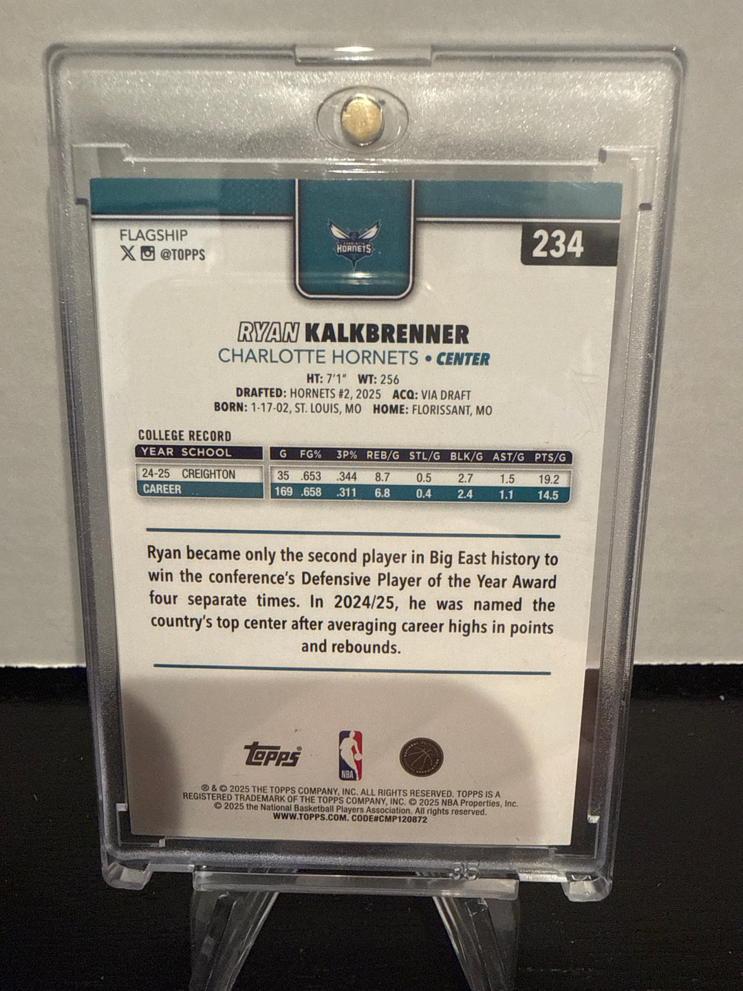 Ryan Kalkbrenner 2025 Topps Basketball Black Foil Rookie, 05/10