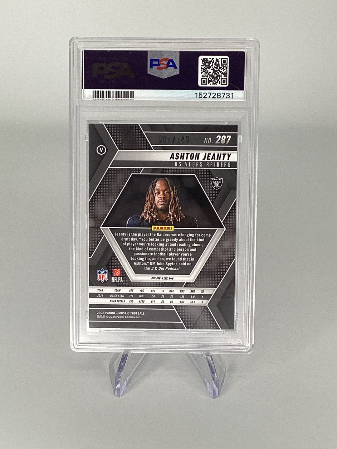 Ashton Jeanty 2025 Panini Mosaic Rookie Silver Knight 001/149, Card Number 287, PSA 10 Gem Mint