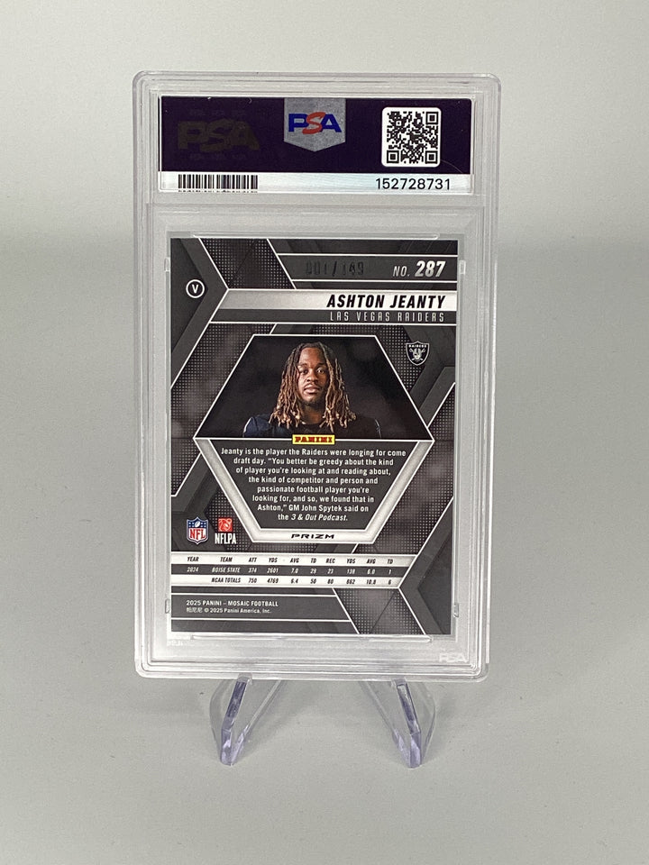 Ashton Jeanty 2025 Panini Mosaic Rookie Silver Knight 001/149, Card Number 287, PSA 10 Gem Mint