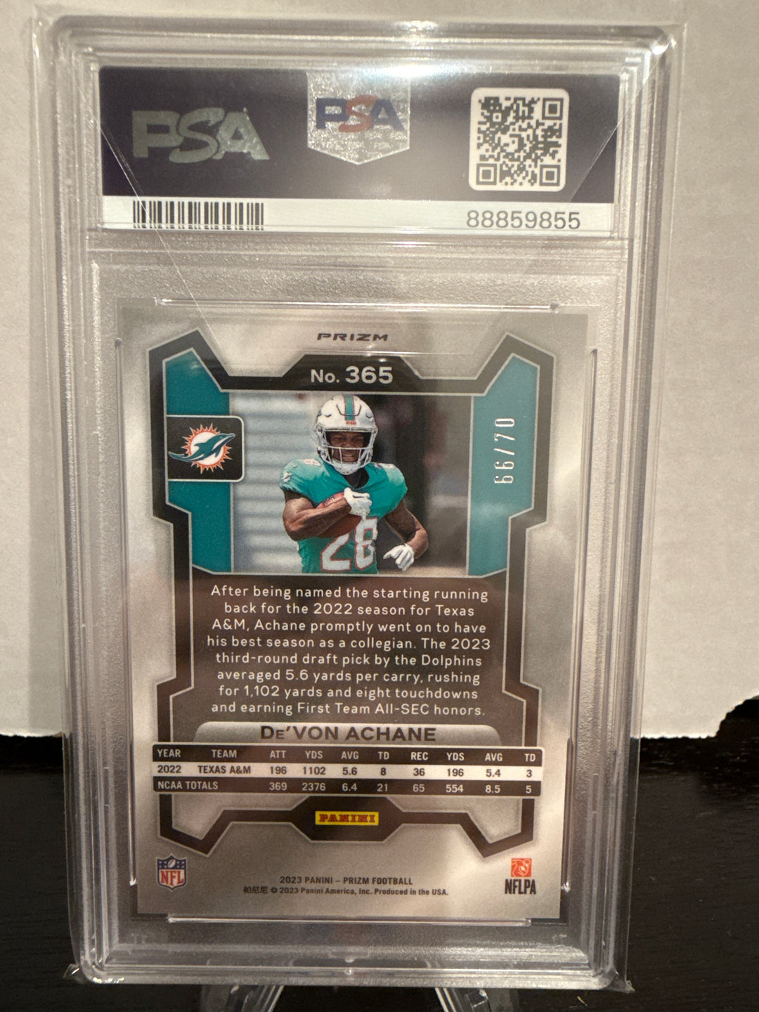 De'Von Achane 2023 Panini Prizm No Huddle Red Rookie, 66/70, PSA 10 Gem Mint