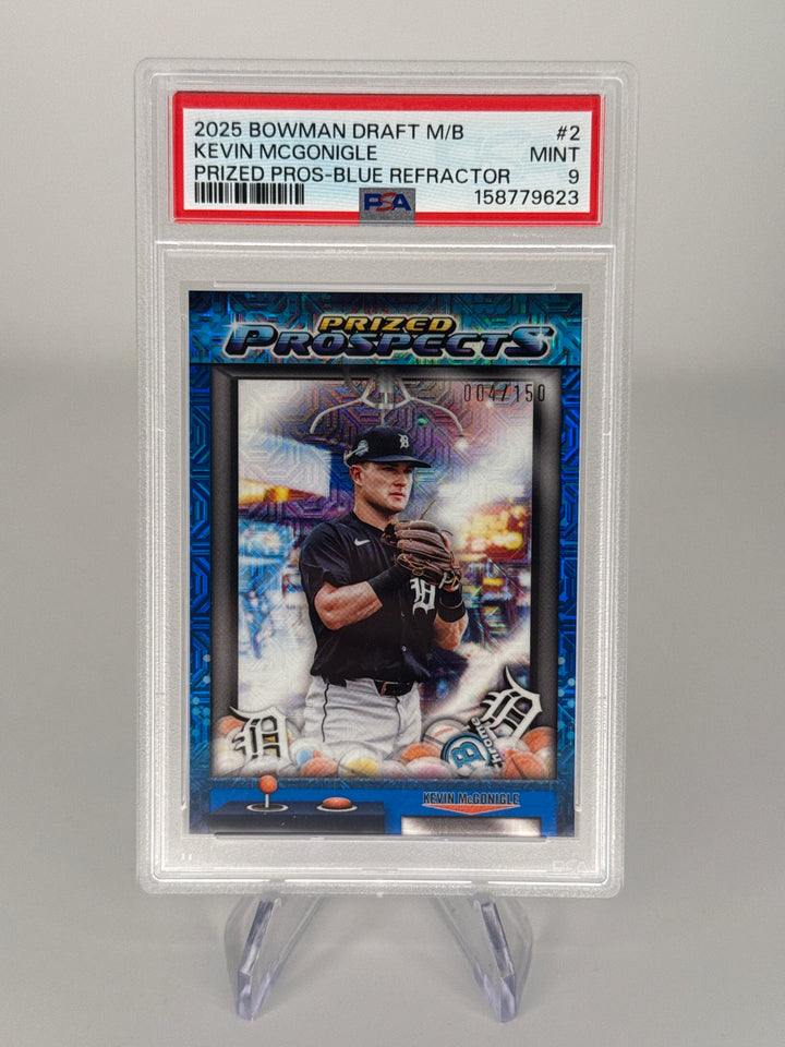 Kevin McGonigle 2025 Bowman Chrome Mega Box Prized Prospects Blue Refractor, 004/150, PSA 9 Mint