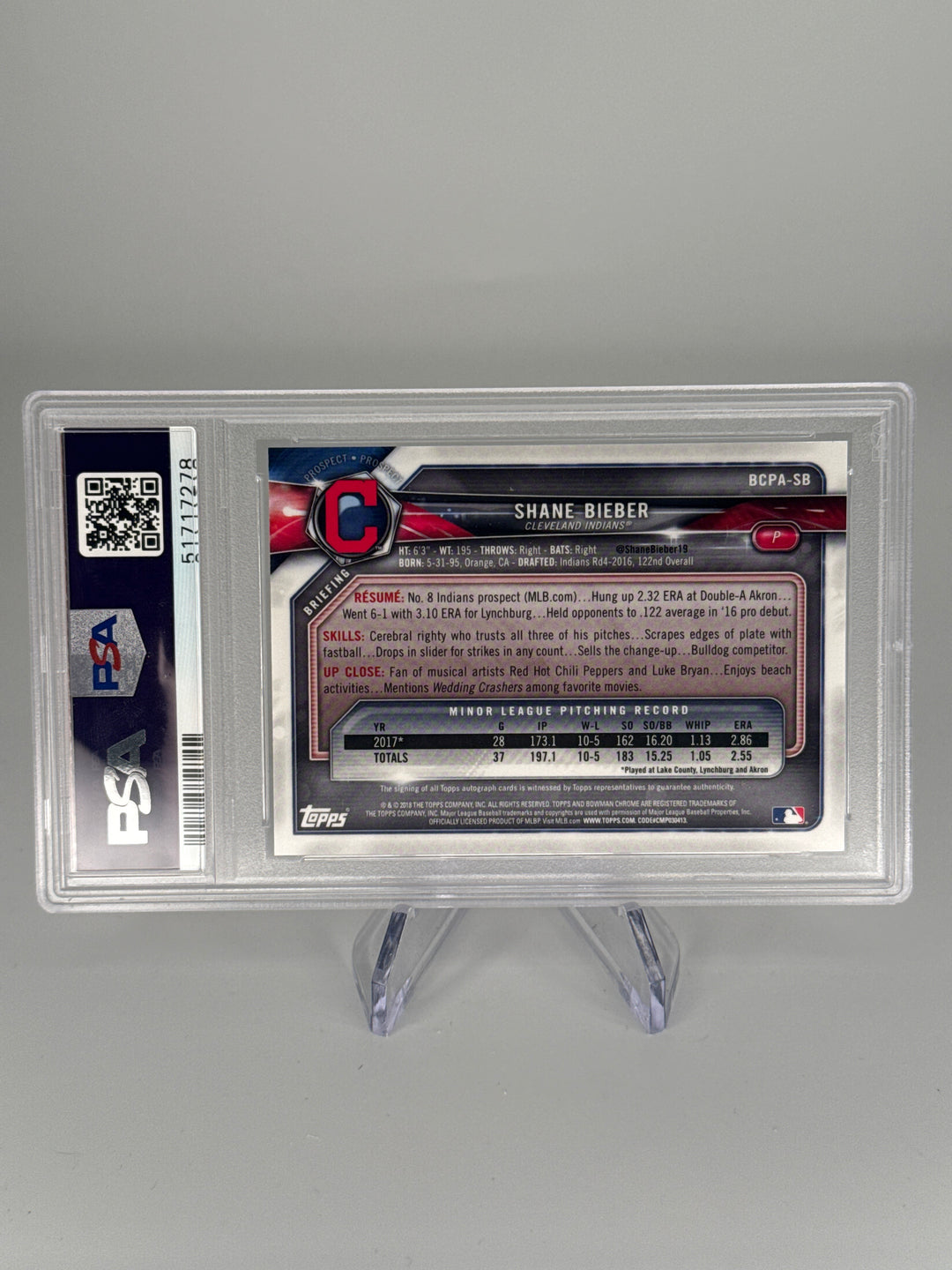Shane Bieber 2018 Bowman Chrome Prospect Auto, PSA 10 Gem Mint
